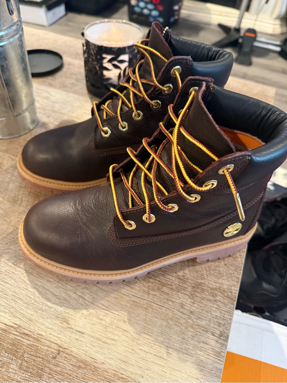 Timberland Brown Leather Men's Lace-Up Work Boots with Yellow Accent Laces